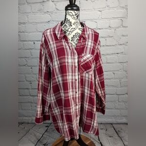 Evri women's long sleeve button front plaid print shirt plus size 2x pocket B1